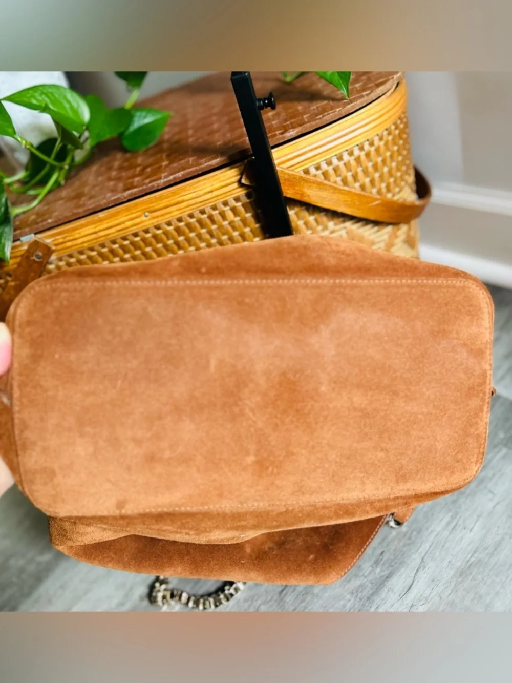 Furla Minerva Suede Hobo Bag Brown Chain Strap Shoulder Boho Luxe Italy Chic